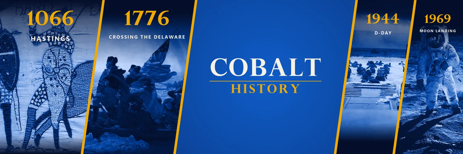 The Cobalt History banner: scenes from the Battle of Hastings in 1066, the crossing of the Delaware in 1776, D-Day in 1944 and the Moon landing in 1969.